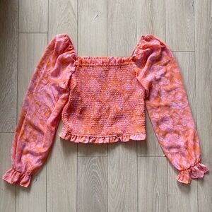 Japna Smocked Long Sleeve Orange and Pink Floral Blouse Women’s Size Large